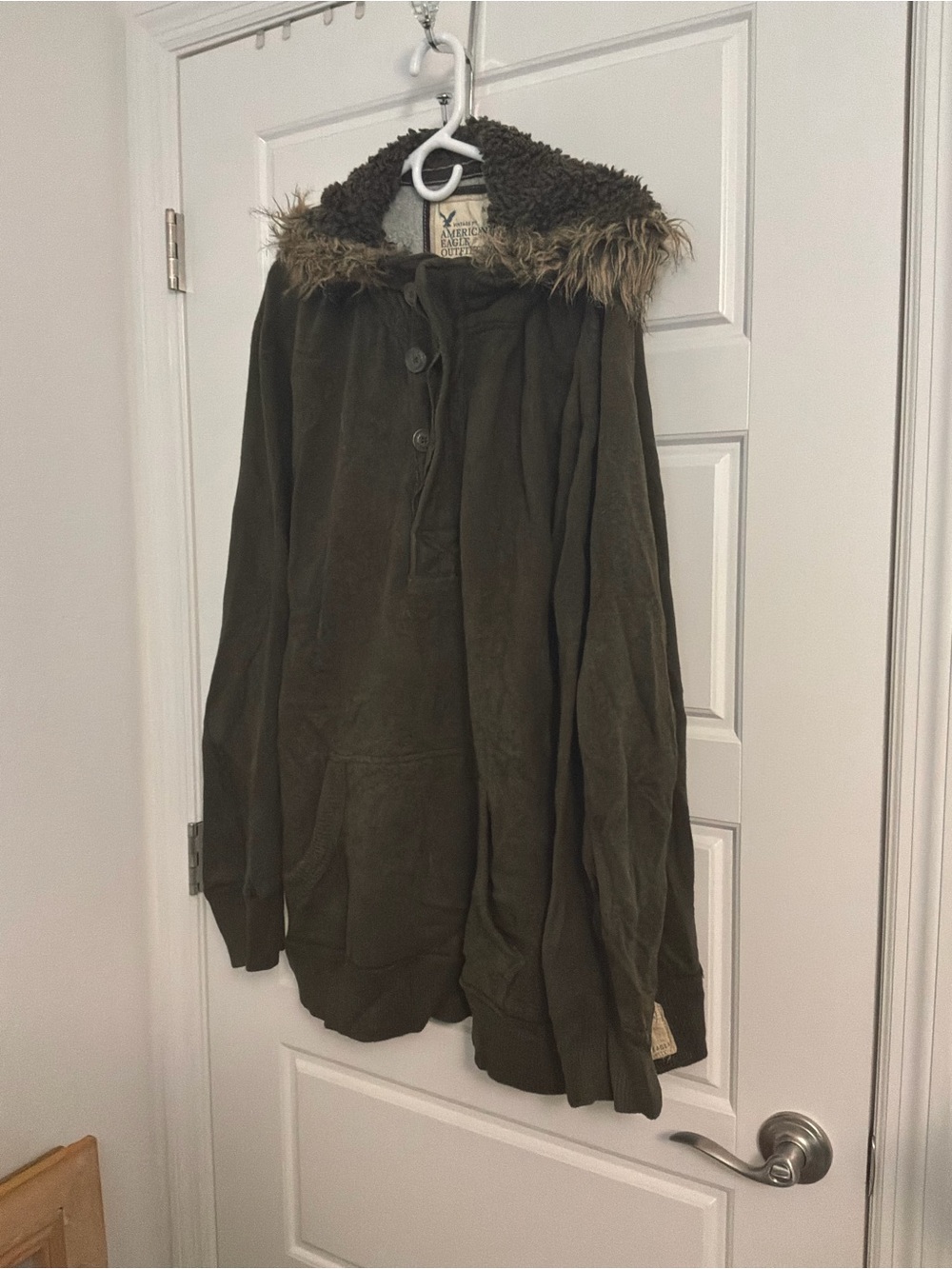 American Eagle Outfitters Olive Green Hooded Teddy Jacket with Faux Fur Trim